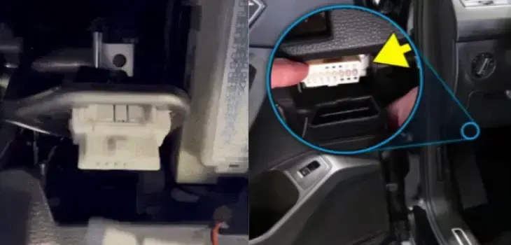 Grüne LED-Leuchte leuchtet an einem Gerät, das im Armaturenbrett eines Autos eingesteckt ist.